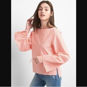Gap Rouched Boatneck Pink Gingham Poplin Top Small Western Fall Cotton